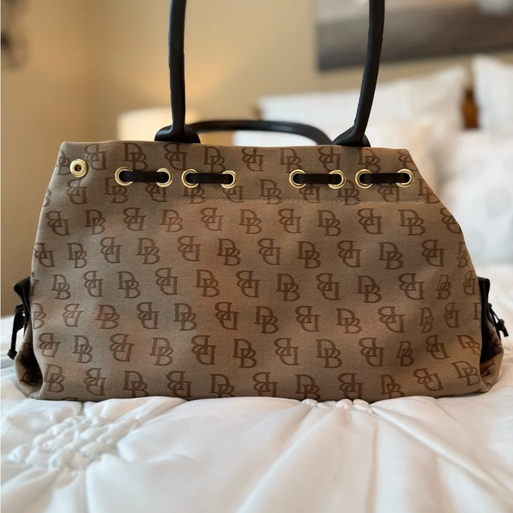 Vintage Dooney & Bourke Signature Tulip Tassel Tote Brown Leather/Canvas - Picture 2 of 12